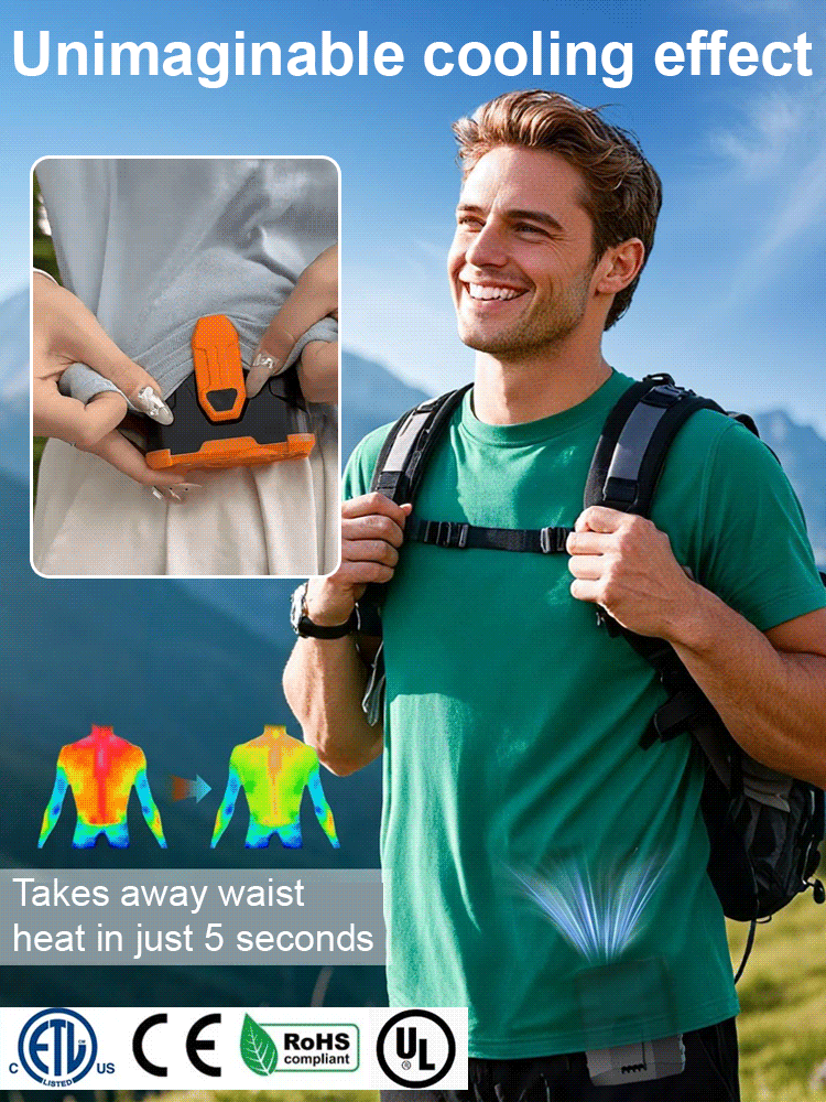 Hang it on your waist, and even when the temperature reaches forty degrees, you can feel a sixteen-degree air conditioning breeze. 🌟 Equipped with an AI intelligent cooling chip. Reduces body temperature by 16 degrees within 3 seconds. 🌟