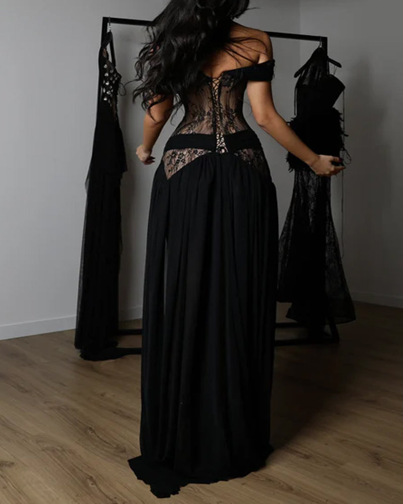 Off-Shoulder Lace Corset Chiffon Thigh Slit Maxi Dress