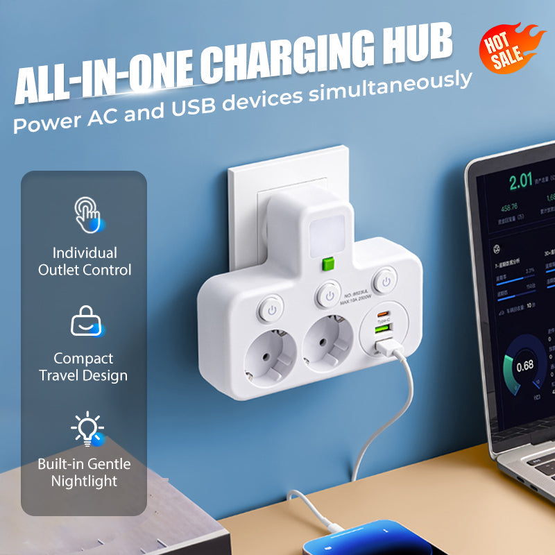 EU-4 Socket, Multi-Port Wall Socket with Independent Switch and Small Night Light Adapter