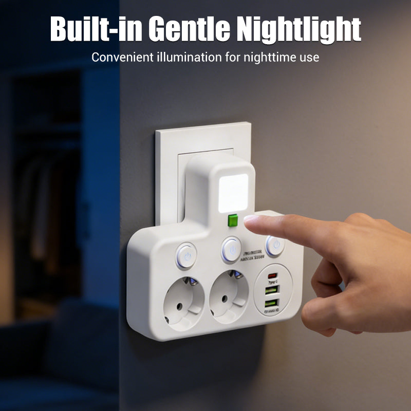 EU-4 Socket, Multi-Port Wall Socket with Independent Switch and Small Night Light Adapter