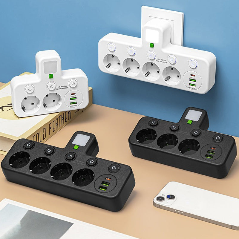 EU-4 Socket, Multi-Port Wall Socket with Independent Switch and Small Night Light Adapter
