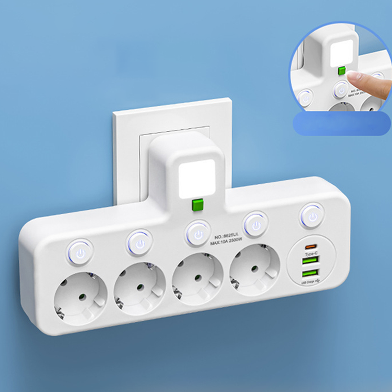 EU-4 Socket, Multi-Port Wall Socket with Independent Switch and Small Night Light Adapter