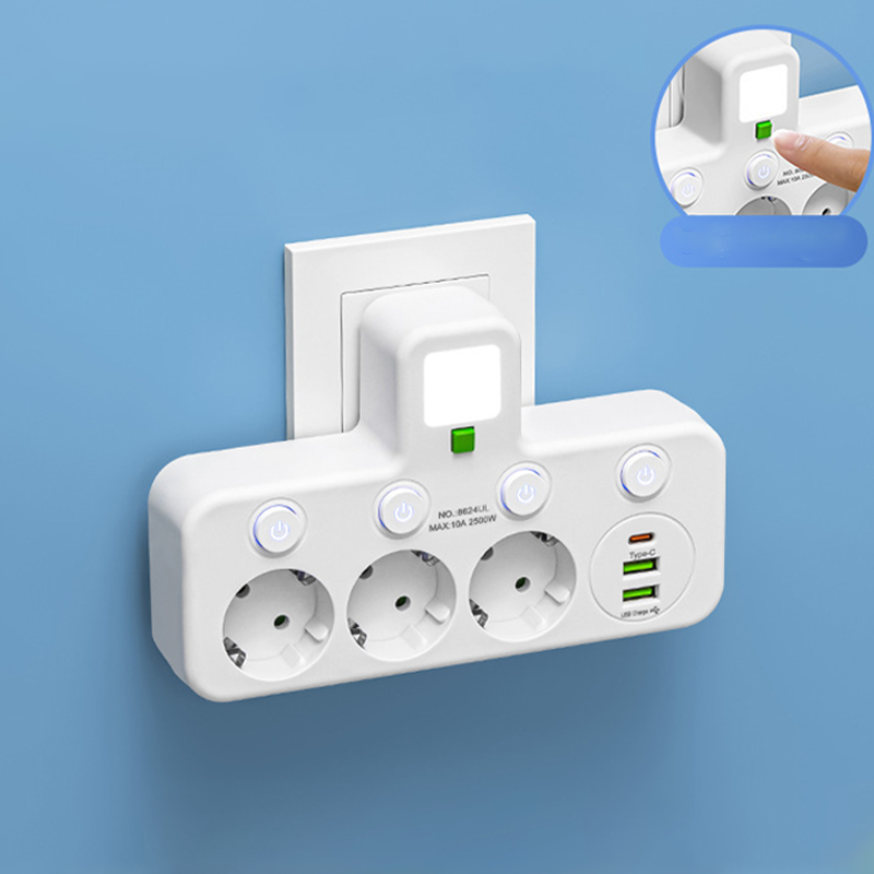 EU-4 Socket, Multi-Port Wall Socket with Independent Switch and Small Night Light Adapter