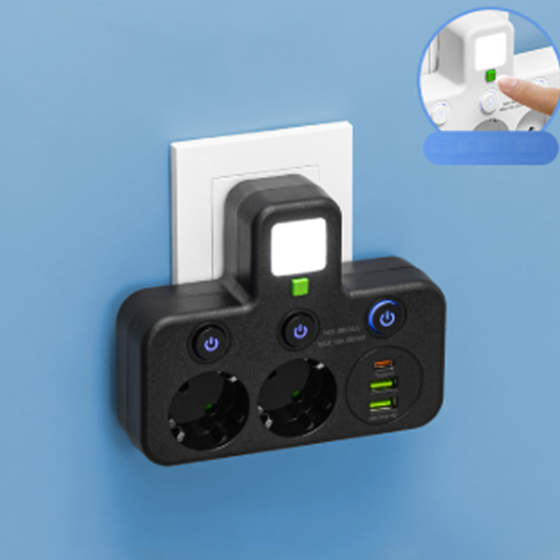 EU-4 Socket, Multi-Port Wall Socket with Independent Switch and Small Night Light Adapter