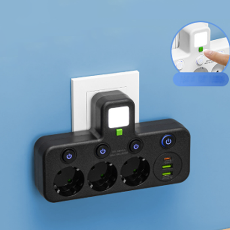EU-4 Socket, Multi-Port Wall Socket with Independent Switch and Small Night Light Adapter