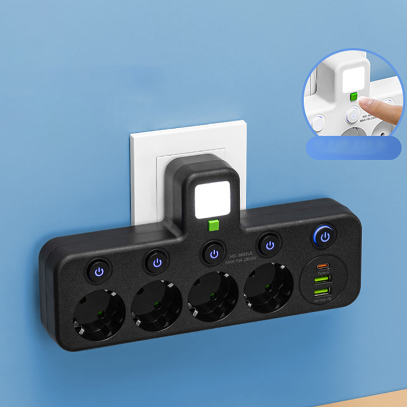 EU-4 Socket, Multi-Port Wall Socket with Independent Switch and Small Night Light Adapter